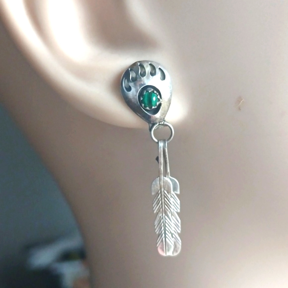 Bear Paw Sterling Shadow Box W/Feathers Malachite Earrings Vintage Authentic